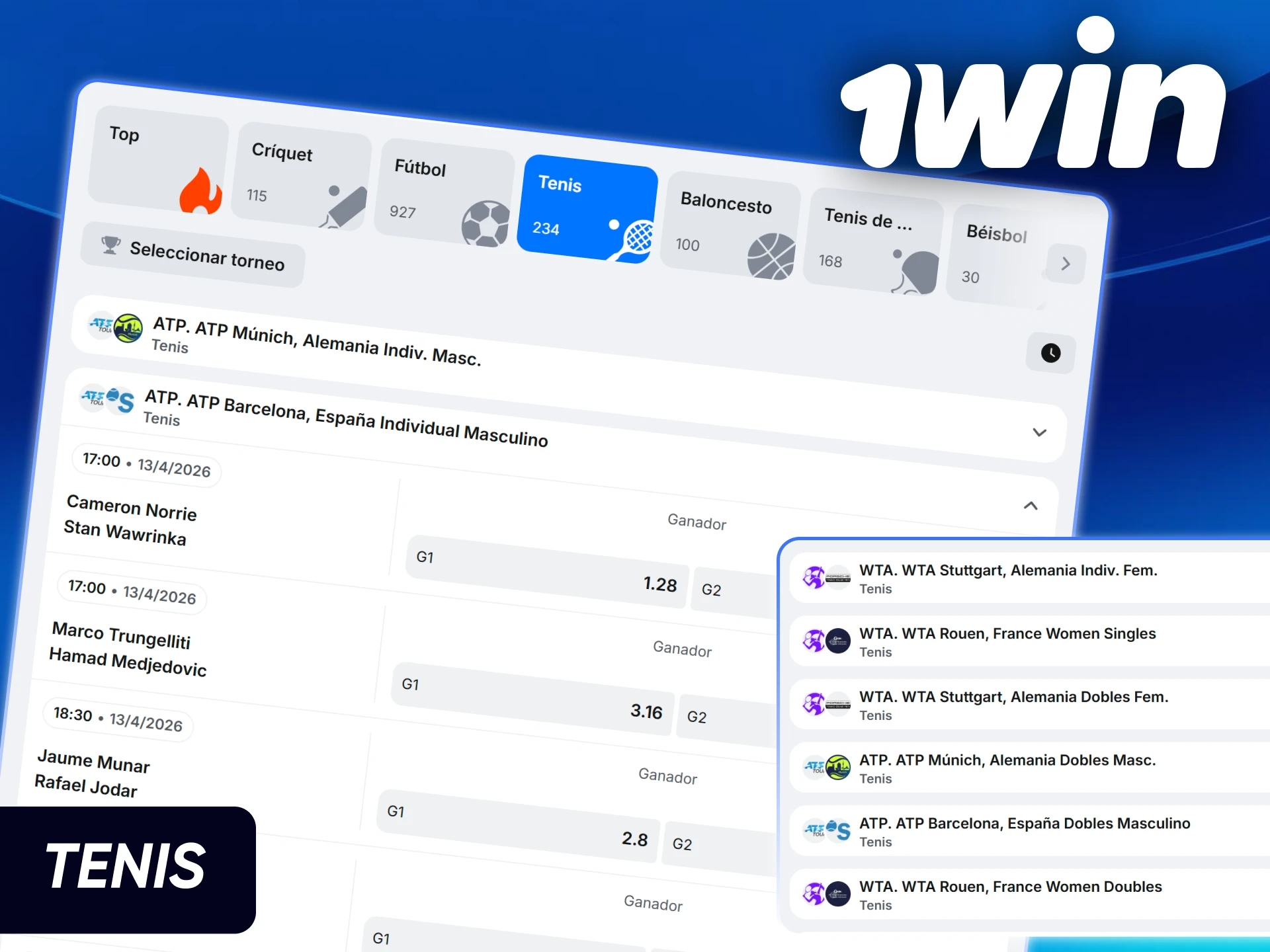 Cuotas actualizadas para torneos ATP, WTA y Grand Slams disponibles en el sitio oficial de 1win Chile.